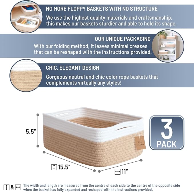 Woven Rope Baskets for Organizing, 3 Pack, 15.5 x 11 x 5.5" Storage Bins | Storage baskets and organizer bins for shelves, pantry, closet storage, toy organizer, bathroom storage, nursery, towels