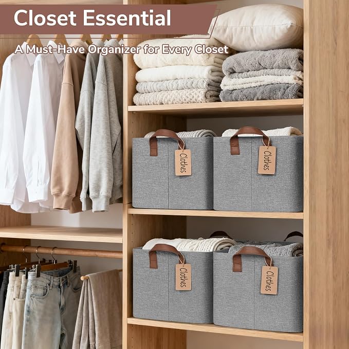 CHICVITA 4 Pack Large Fabric Storage Baskets for Shelves, 30L Gray | 16.8" × 11" × 9.8" Closet Storage Bins for Clothes, Toys & Towels, Fits Nursery & Bathroom Organization, Metal Frame