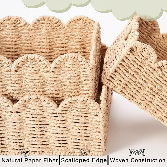 Scalloped Wicker Baskets Set of 3, Hand-Woven Storage with Handles | set of 3 beige scalloped baskets with handles. Hand-woven paper rope for shelves, bathroom or closet. Stackable, sturdy.