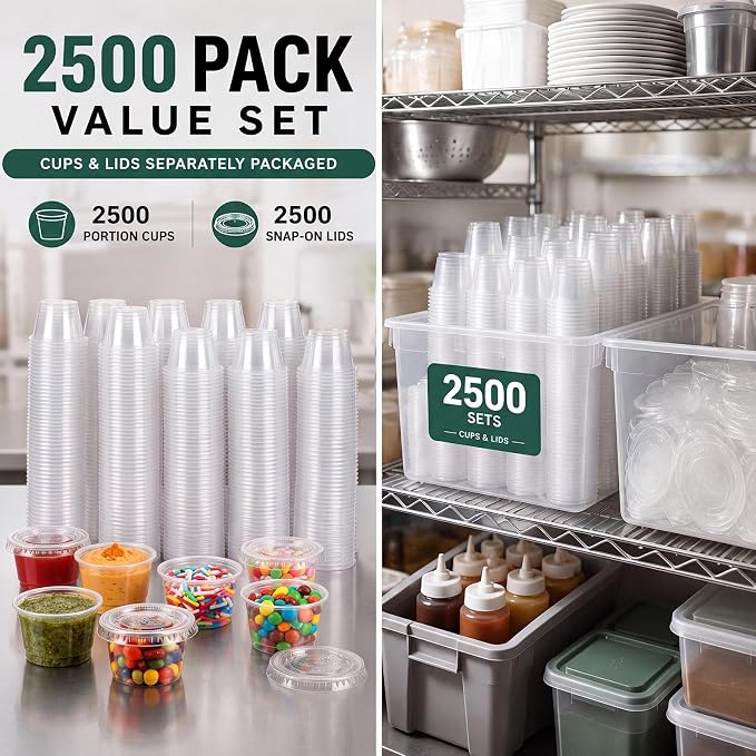 Bokon 2500 Sets 0.75 oz Clear Plastic Portion Cups with Lids Condiment and Dipping Sauce Container Salad Dressing Container Airtight and Stackable Souffle Cups for Lunch, Party, Trips