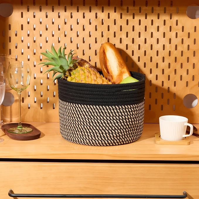 MiniArk Small Basket for Organizing | Cube Shelf Closet Storage Baskets | 9.7×9.7×7.1” | Woven Rope Gift Basket | Nursery | Round 3 Packs Black Brown