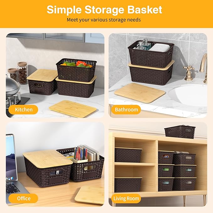 6 Pack Plastic Storage Baskets,Brown bamboo lid storage Box | Labels, Stackable, For Organizing Shelves Pantry Drawers Desktop Closets Organizing Desktop Closet Playroom Classroom