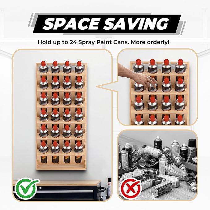 Sidasu Spray Can Holder, 6-Tier Wall Mount Spray Paint Storage Rack | 24-Can Capacity, Wooden, DIY Paintable, Paint Can Organizer for Garages and Workshops