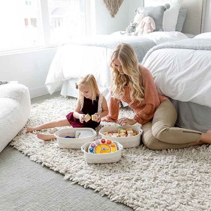 NaturalCozy 5-Piece Rectangle Storage Basket Set- Natural Cotton Rope Woven Baskets for Organizing! Small Basket for Montessori, Baby Nursery, Dog Toy Baskets, Cat Toy Box, Bathroom Organization Bin