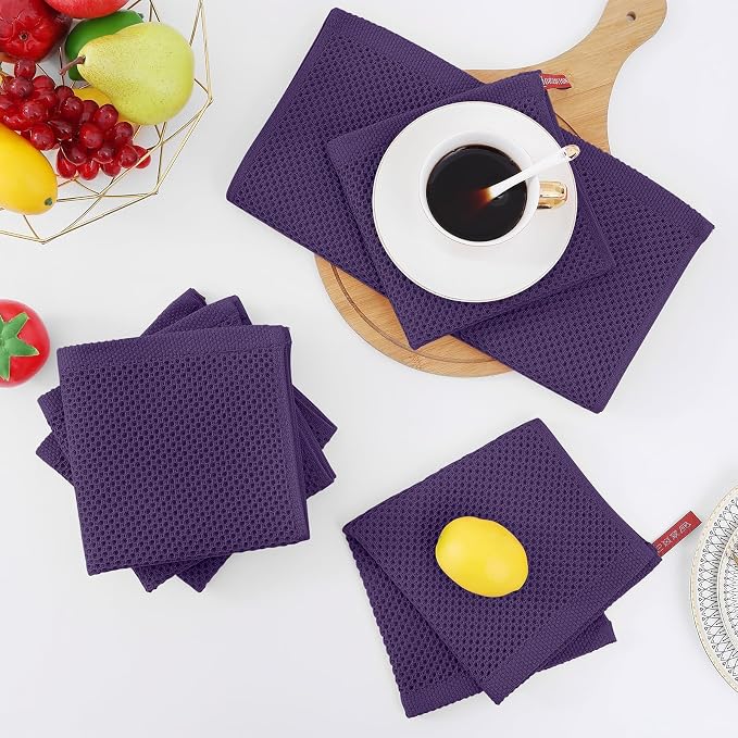 Homaxy 100% Cotton Waffle Weave Kitchen Dish Cloths 8-Pack, Eggplant | 12 x 12 Inches, Ultra Soft Absorbent Dish Towels, Quick Drying Dish Rags with Hanging Loop