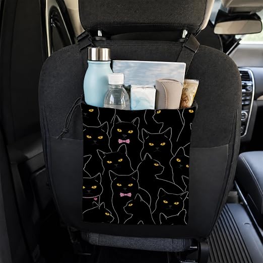 Coquette Black Cat Car Trash Bag Hanging for Back Seat | Canvas Drawstring Car Garbage Bag with Adjustable Buckle Vehicle Trash Can,Black Cat Lover Mom Gifts