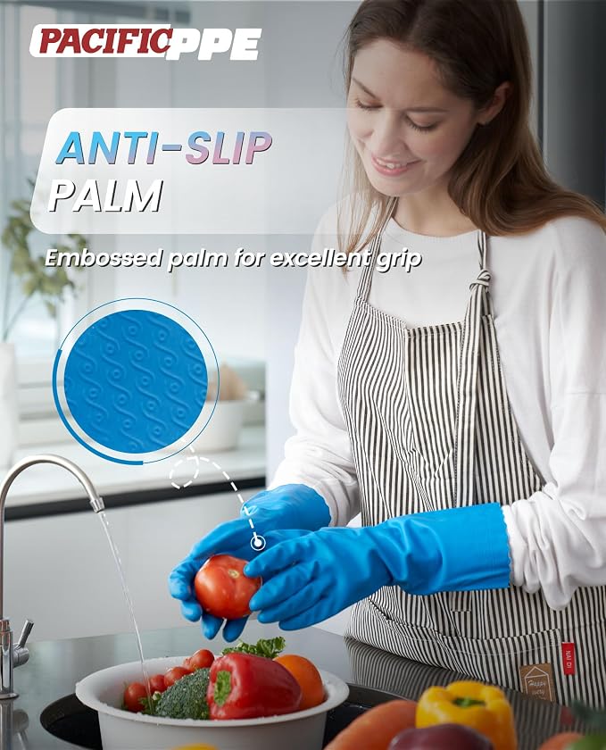 2 Pairs Cleaning Gloves, Cotton Liner, Purple+Blue, Large | Waterproof dishwashing gloves with non-slip grip, Latex-Free, flexible fit for kitchen, bathroom, laundry & cleaning