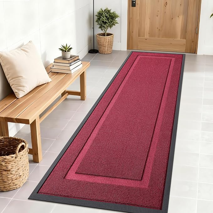 OLANLY Front Door Mat Outside 71x23, All-Season Heavy-Duty Rubber Doormat | Burgundy, Absorbent, Stain and Fade Resistant, Waterproof Non-Slip Backing, Low-Profile Indoor Outdoor Floor Mat for Entryway