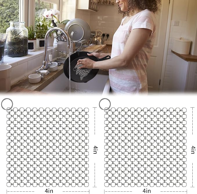 2Pack 4" Chain Mail Cast Iron Cleaner Scrubber, 316 Chainmail Scrubber | Cast Iron Skillet Cleaning Brush, Chainmail Scrubbing Metal Scrub Tool to Clean Dutch Oven Carbon Steel Wok Grill Pan Pot