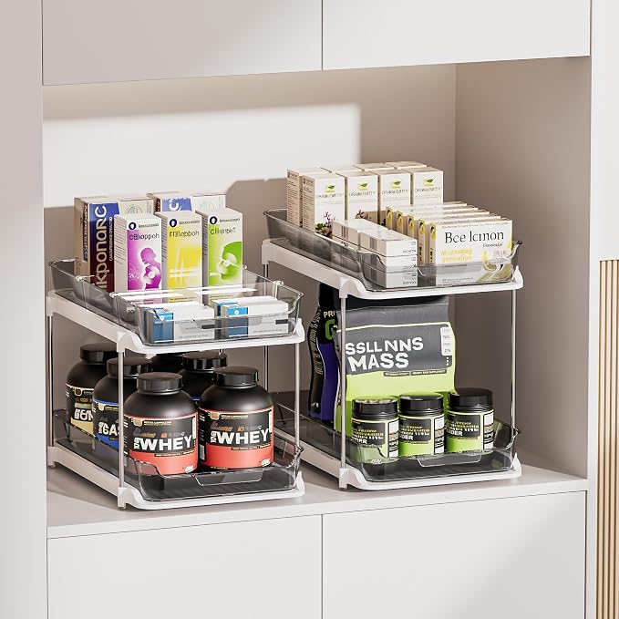 Delamu 2-Tier Multi-Purpose Bathroom Under Sink Organizers and Storage, Stackable Kitchen Pantry Organization, Pull Out Medicine Cabinet Organizer with Movable Dividers, Grey, 2 Pack