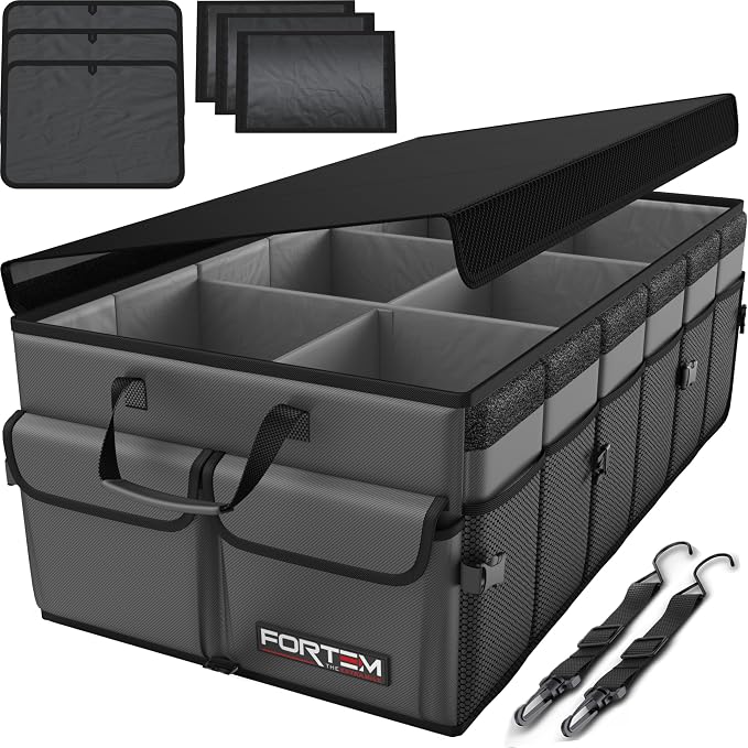 FORTEM Trunk Organizer - Foldable Car Organizer & Storage for SUVs & Trucks | Car Accessories for Men Women, Collapsible Bag, Non Slip Bottom, Straps, Soft Cover, 600D Oxford, Grey, 6 Compartments, 85L