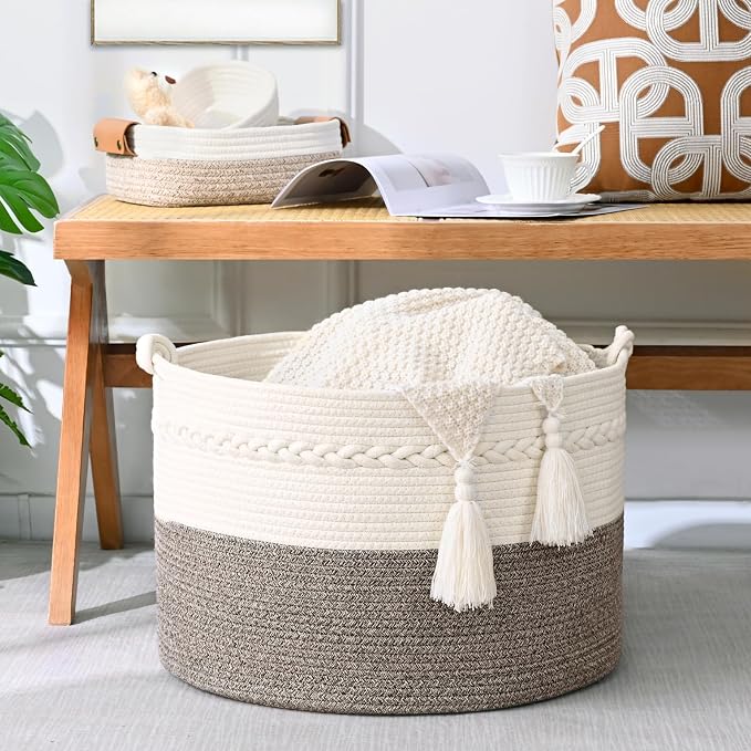 67L Large Blanket Basket, 20"x13" Woven Storage Baskets With Handle, Cotton Rope Blanket Basket Living Room, Baby Laundry hamper for Blanket, Nursery, Toy, Pillow (White & Grey)