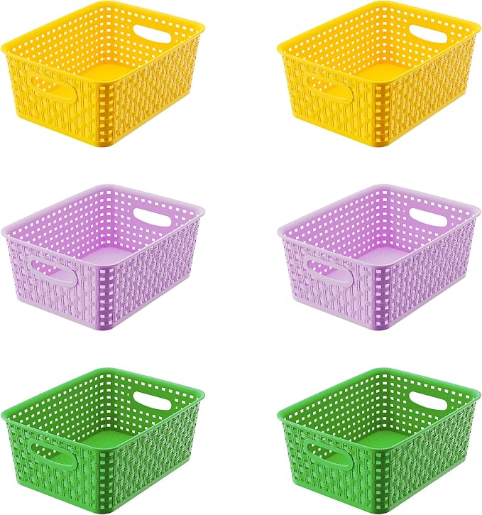 6-Pack Small Baskets, Plastic Open Storage Weave Basket Versatile Shelf Organizer Woven Baskets for Home and Pantries, Green/Purple/Yellow, 10x7.5x4 inch