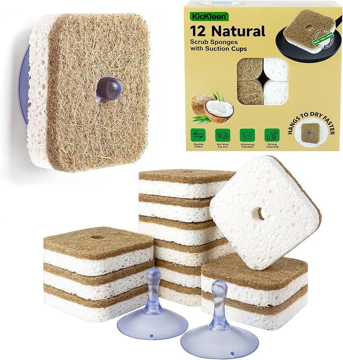 12Pack Kickleen Natural Kitchen Scrub Dish Sponges with Suction Hanger | Biodegradable Compostable Cellulose and Coconut Non-Scratch Sponge for Kitchen, Bathroom, Household