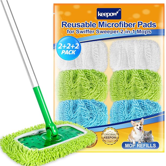 KEEPOW 6 Pack Reusable Microfiber Mop Pads Compatible with Swiffer Sweeper | Chenille, Multi-Color (2 White, 2 Green, 2 Blue) Dry Wet Mopping Refills, Bonus Laundry Bag