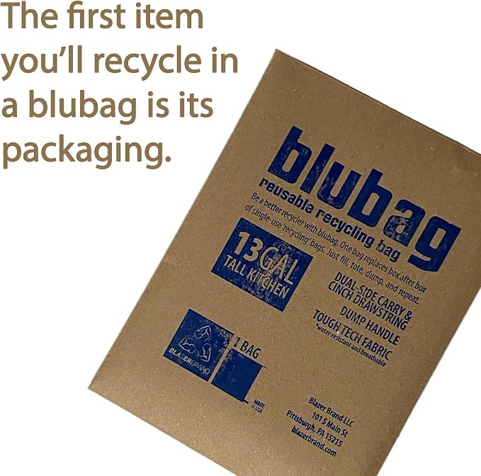 blubag Reusable Recycling Bag, 13-Gal Tall Kitchen, basic edition – Paracord Drawstring, Cinch Hardware, Dump Handle, 1-Pack