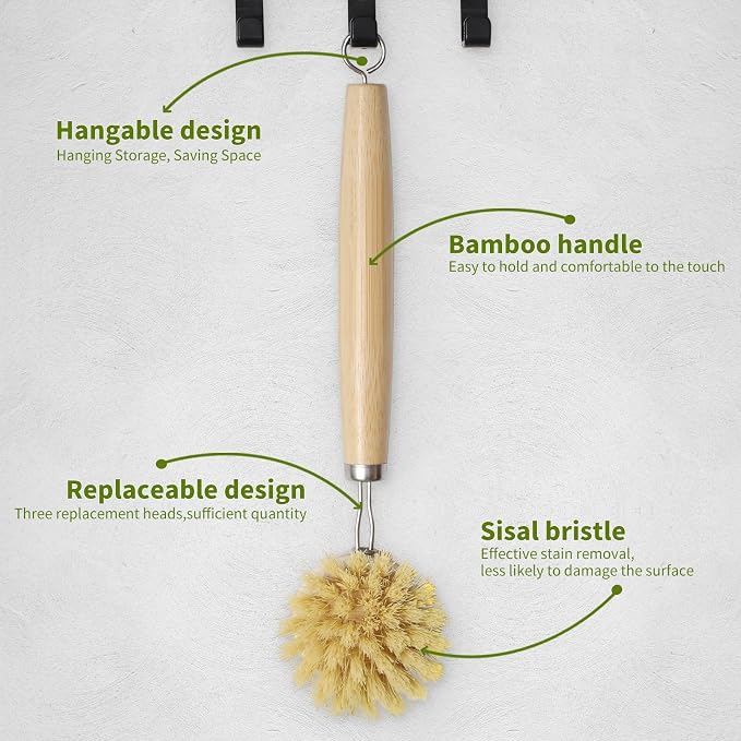 Long Handle Bamboo Dish Brush Set with 4 Replacement Brush Head | No Plastic, Bamboo Handle and Sisal Bristle, Natural Dish Scrubber Brush, Used for Cleaning Dish, Pan, Pot, Fruit and Veggie