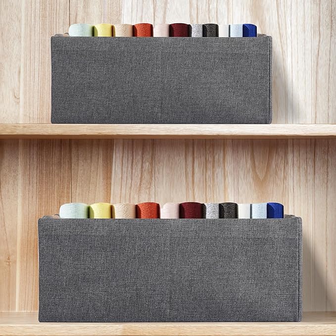 Fabric Storage Box, 15x11in Foldable Cotton Linen Basket with Wooden Handle | Medium Rectangular Cube Decorative Home Laundry Organizer Clothes Blanket Container Organizing Clothes Sheets Jeans, Gray