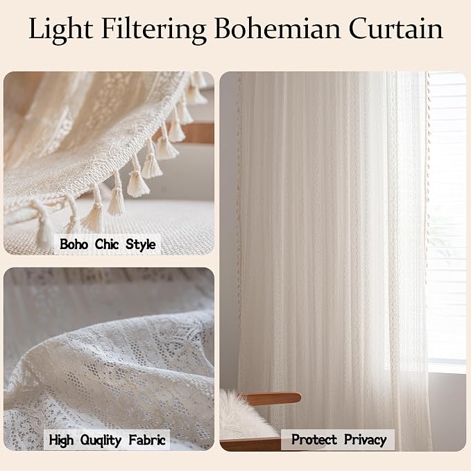Sutuo Home Boho Curtain Crochet Lace Semi-Sheer Florals Hollow Knitted Handmade Tassels, Rod Pocket Window Treatment Vintage Rustic Farmhouse Drapes for Living Bedroom, 1 Panel 59" W x 84" L, Beige