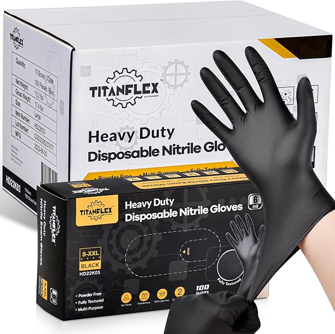 TitanFlex Heavy Duty Black Nitrile Gloves, 6 Mil, Fully Textured, Mechanic Disposable Gloves, Latex Free, Powder Free
