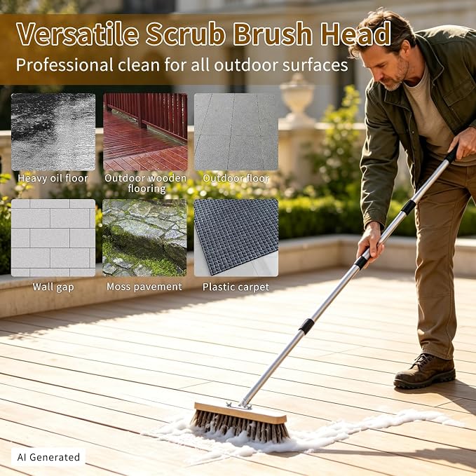 Heavy Duty Deck Brush with Long Handle, 54" Adjustable Stainless Steel Handle, Stiff Natural Palmyra Bristles, Outdoor Scrub Brush for Concrete Patio Garage Tile Floor Sidewalk Cleaning