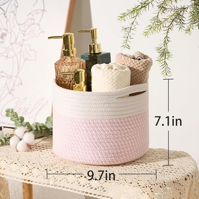 MiniArk Small Basket for Organizing | Cube Shelf Closet Storage Baskets | 9.7×9.7×7.1” | Woven Rope Gift Basket | Nursery | Round 3 Packs Pink