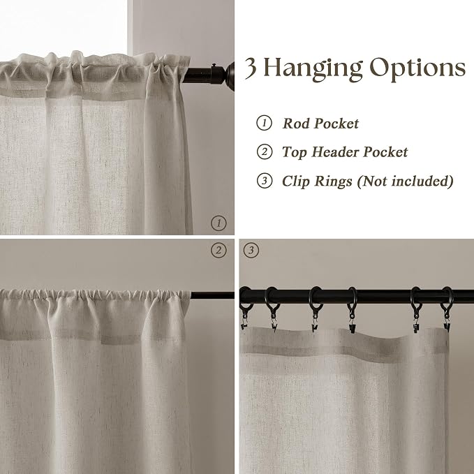 24 Inch Long Bathroom Small Curtains 2 Panels Dual Rod Pocket Linen | Boho Rustic, Semi Sheer Light Filtering Drapes, for Bathroom Kitchen, Half Window RV Curtain, 34x24 Inch, Dark Taupe