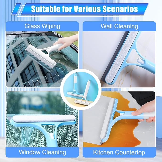 3 in 1 Window Cleaning Scraper, Cleaner Window Squeegee with Sprayer, Squeegee and Scrubber Spray Bottle Window Squeegee for Shower Glass, Mirrors, Car and Home,All-Purpose Window Cleaner Tool (Blue)
