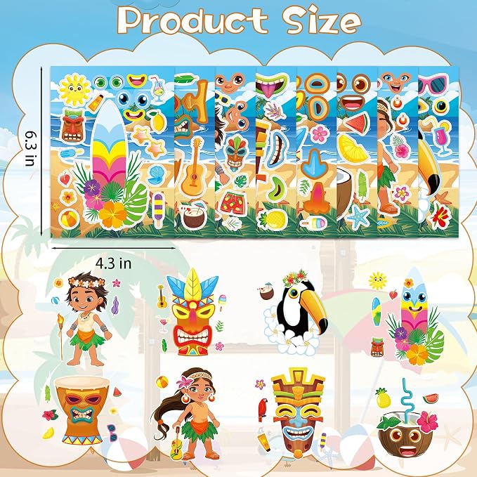 24 Sheets Tiki Make a Face Sticker, Make Your Own Tropical Hawaii Mix and Match Stickers Summer Stickers for Boy Girls Home School Classroom Crafts Activities Summer Party Favors