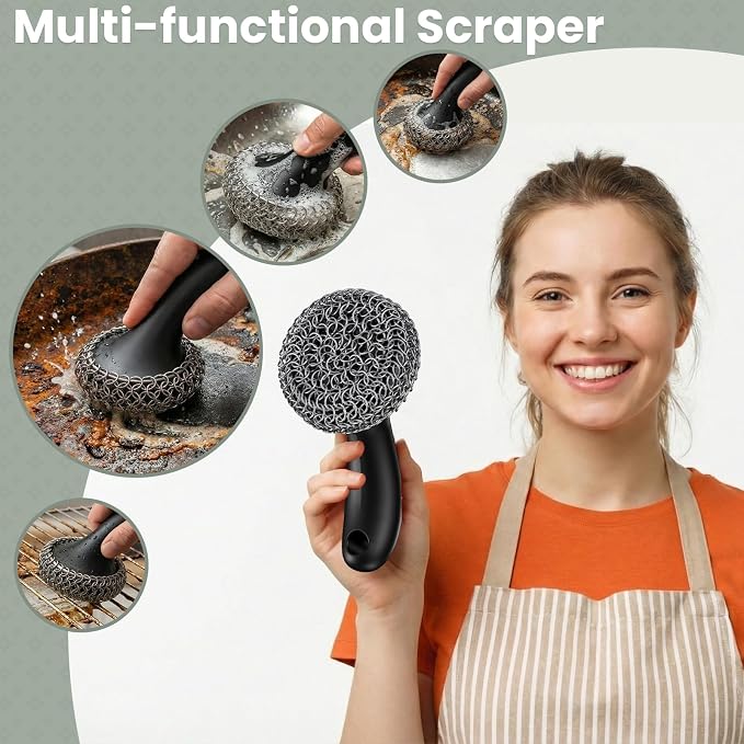 Cast Iron Scrubber with Long Handle Dish Scouring Pad Chainmail Cleaner | 316 Cast Iron Scrubber for Pan Skillet, Dishwasher Safe Cleaning Kit (Black, 1 Scrubber + 1 Scraper)