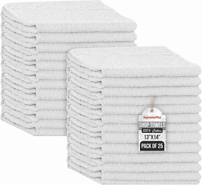 Premium 100% Cotton Shop Towels, 25 Pack, 13”x14”, Reusable White Shop Rags, Multipurpose Cleaning Rags for Oil, Grease, Mechanics, Auto Detailing, Paint, Industries, Garage, and Home Use