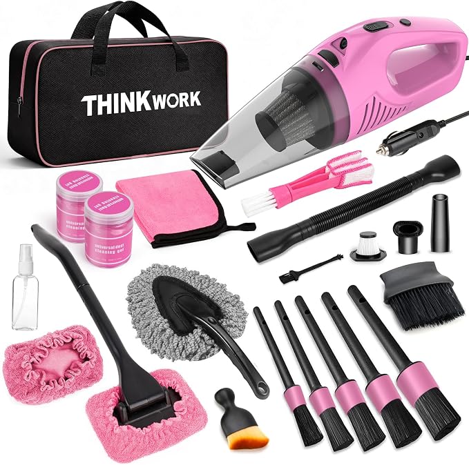 THINKWORK Car Cleaning Kit with Vacuum,Deep Cleaning for Interior Detailing | 7600PA High Power Corded Handheld Vacuum,Windshield Cleaner Tool, Detailing Brush Set,22Pcs Pink Accessories,Gift for Women