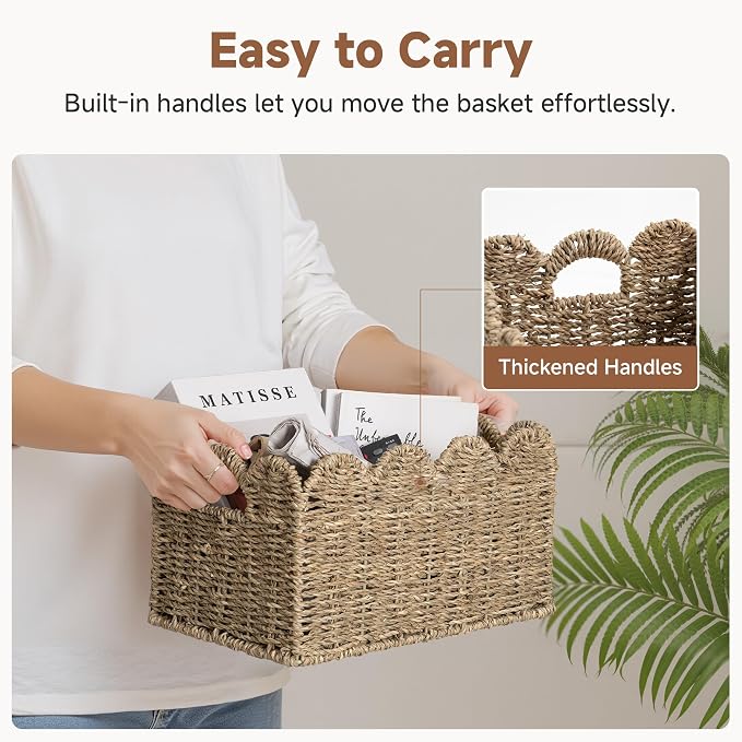 StorageWorks Wicker Storage Baskets for Shelves, Woven Basket for Nursery | Scalloped Wicker Basket for Living Room, Decorative Scalloped Baskets for Storage, Wicker Baskets for Organizing and Decor