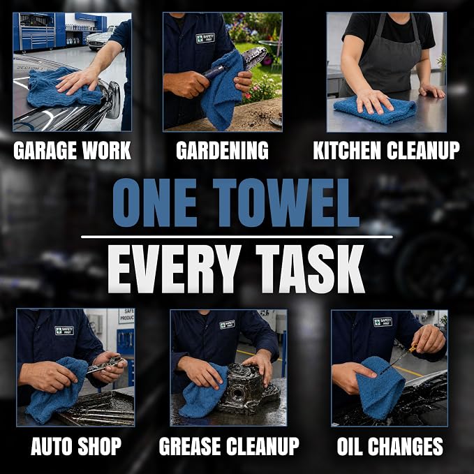 Premium Shop Towels Blue, 500 Pack, 13”x14”, Reusable Cleaning Rags Bulk, Multipurpose Commercial-Grade Shop Rags Cotton for Oil, Grease, Paint, Auto, Garage, Workshop, and Industrial Use