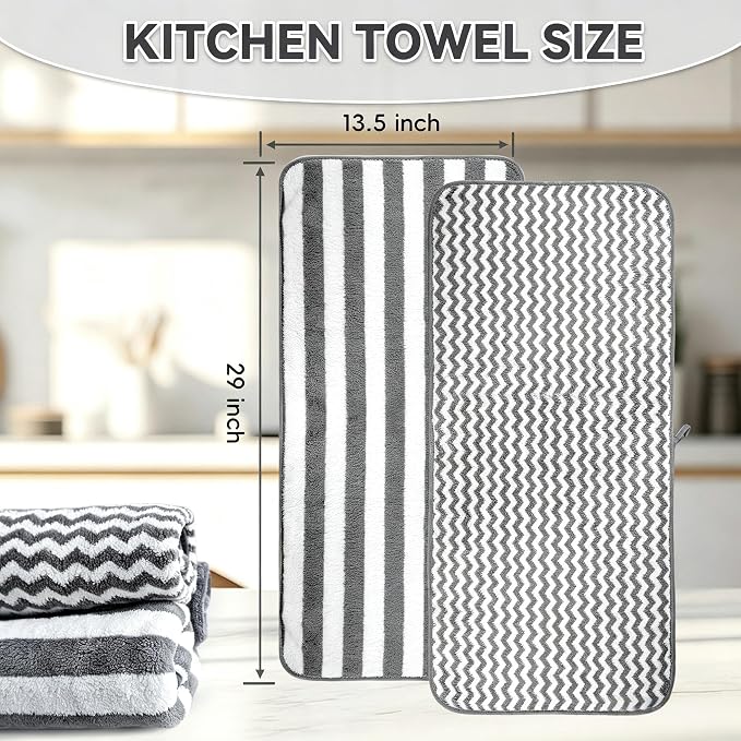 Microfiber Cleaning Cloths, 6 Pack Gray Kitchen Towels | 13.5x29 Inch, Ultra Soft Super Absorbent, Lint Free Dish Towels with Hanging Loop, Reusable for Household Cleaning