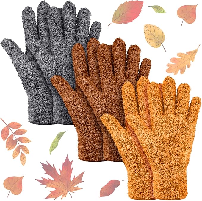 Patelai 3 Pairs Microfiber Dusting Gloves for Plants Leaf, Small | Orange, Brown, Dark Gray,Plant Cleaning Gloves, Reusable Washable Gloves,House Furniture Blinds Dusting