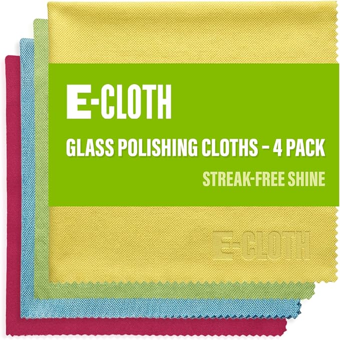 E-Cloth Glass & Polishing Cloth - Reusable & Durable Glass Cleaner - 4 Pack | Cleaning Towel Cloth for Windows, Cars, Mirrors, Eyeglasses, & More, Streak Free Clean, Machine Washable, Assorted Colors