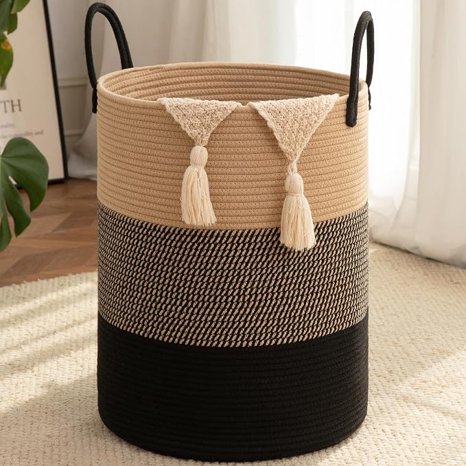 OIAHOMY 60L Nursery Hamper Laundry Basket Laundry Hamper Yellow/Black | collapsible Blanket Basket Cotton Rope Woven Basket Dirty Clothes Hamper Baby Hamper Tall Clothes Hamper with Handles