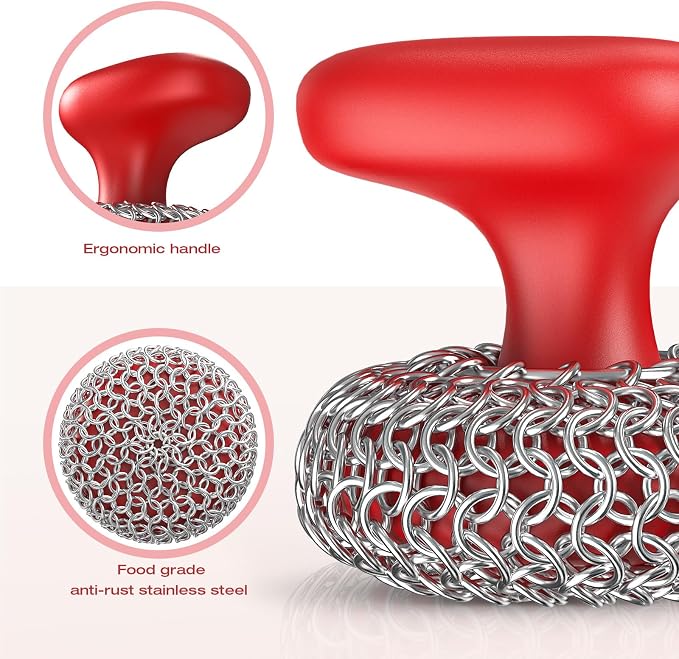 Cast Iron Scrubber Dish Scrub Brush 316 Chainmail Scrubber for Cast Iron | Dish Scouring Pad, Dishwasher Safe, Chain Mail Scrubber Cast Iron, Cleaning Kit, for Pan Skillet, Red