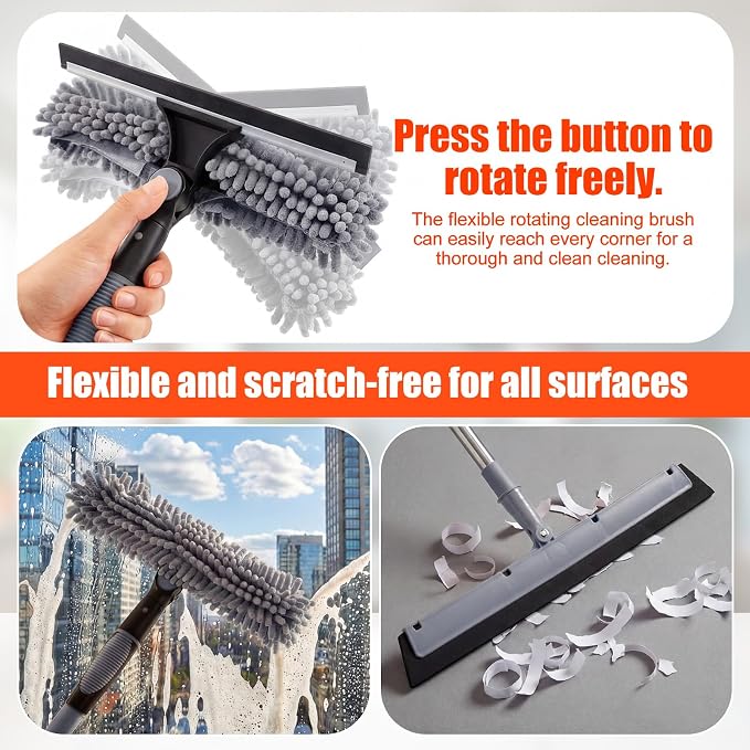 30 Feet High Reach Duster Kit with 2-24 ft Extension Pole High Ceiling Dusting and Window Cleaning Kit with Window Washer & Squeegee, Cobweb Duster, Washable Head for Ceiling Fan(Gray)