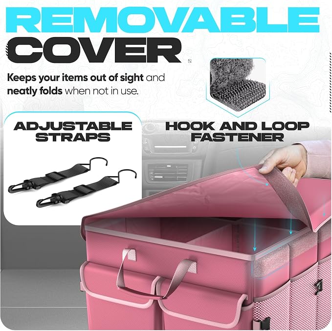 FORTEM Trunk Organizer - Foldable Car Organizer with Cooler for SUV, Trucks | Car Accessories for Men Women, Collapsible Bag, Non Slip Bottom, Straps, Soft Cover, 600D Oxford, Pink, 6 Compartments, 105L