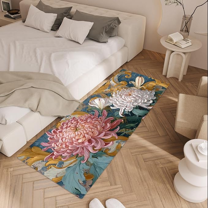 ANNA QUEEN Vintage Chrysanthemum Laundry Room Rug Runner 20x47 Inch - Waterproof Non-Slip Floor Mat for Front Load Washer Dryer, Burgundy Floral Farmhouse Decor, Machine Washable