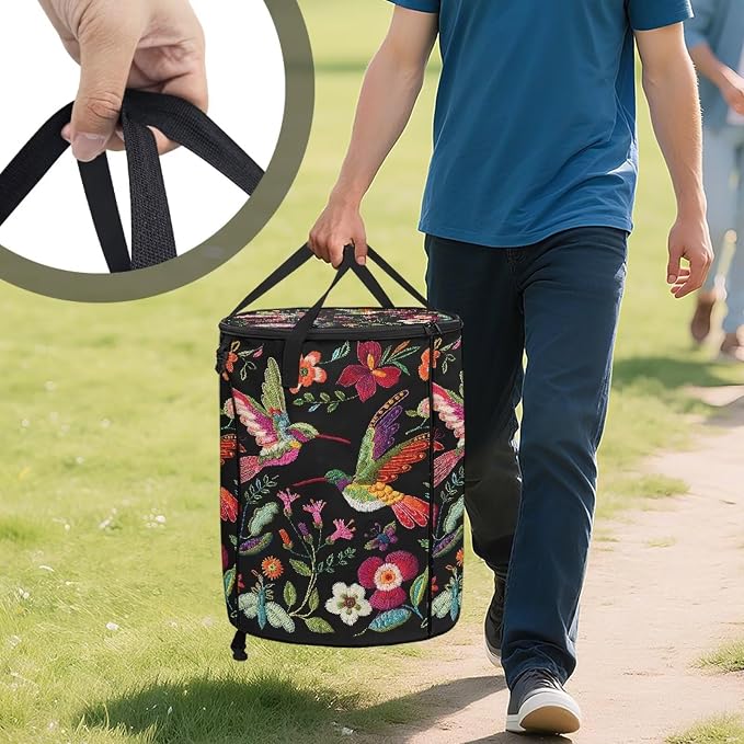 Vintage Flower Hummingbird Foldable Trash Bag with Lid and Handles 24 Gallon Large Capacity Collapsible Garden Leaf Bin Reusable Waster Bags for Camping Outdoor Picnics