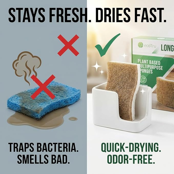 6 Pack Washing Up Sponges, Eco Kitchen Dish Cleaning Sponges, Biodegradable & Compostable Natural Cellulose Sponge with Coconut Fibre Scrubber, Non Scratch Heavy Duty Scouring Pad