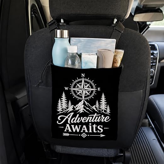 Mountain Adventure Car Trash Bag Hanging for Back Seat | Camping Hiking Lover Gifts Canvas Drawstring Car Garbage Bag with Adjustable Buckle Vehicle Trash Can