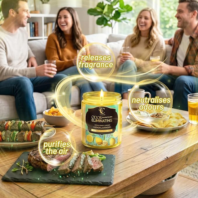 Odor Eliminating Candle, Soy Scented Candles, Lemon Lavender 7oz | Soy Wax Candles, 50Hr Burn, Eliminates 95% Of Pet, Food & Other Smells, Perfect for Living Rooms and Bedrooms, Gift Ready
