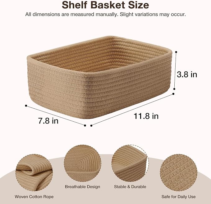 3 Pack Small Baskets for Organizing, Woven Storage Baskets for Shelves | 11.8x7.8x3.8 in Cotton Rope Baskets, Toy Baskets Storage Kids, Basket Organizer, for Living Room, Bedroom, Nursery, Mix Brown