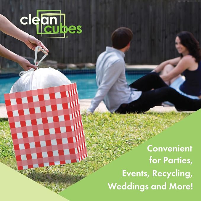 Clean Cubes 13 Gallon Disposable Pop-Up Trash Cans, 3-Pack (Picnic) | Extra Trash Space for Parties and Events, No Assembly Required, Built-In Liner, Wire-Reinforced Opening Stays Fully Open