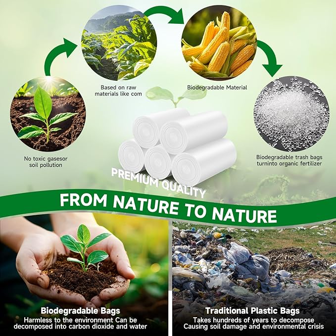 2 Gallon Biodegradable Mini Trash Bags - White Compostable Small Garbage Bag For Bathroom Can Unscented Kitchen Office Car Waste Basket Liners 100 count Tiny Strong Thick Chenyucheng