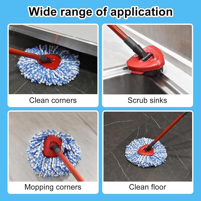 Spin Mop Handle Replacement for Ocedar, Mop Heads Replacements Compatible with RinseClean 2 Tank System,Include 2 Microfiber Mop Replace Heads,4 Section 30-58" Iron Mop Handle,1 Base and 1 Scrub Brush